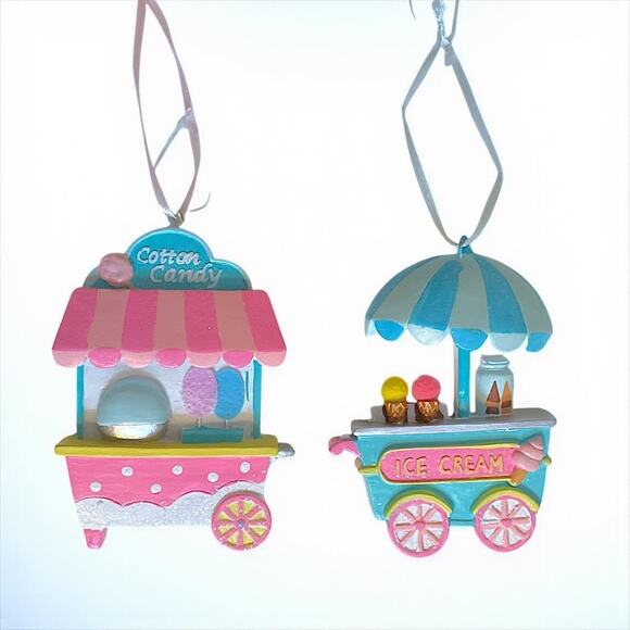 Cotton Candy & Ice Cream Carts Christmas Tree Ornaments Striped Roof Blue Pink - Picture 8 of 8